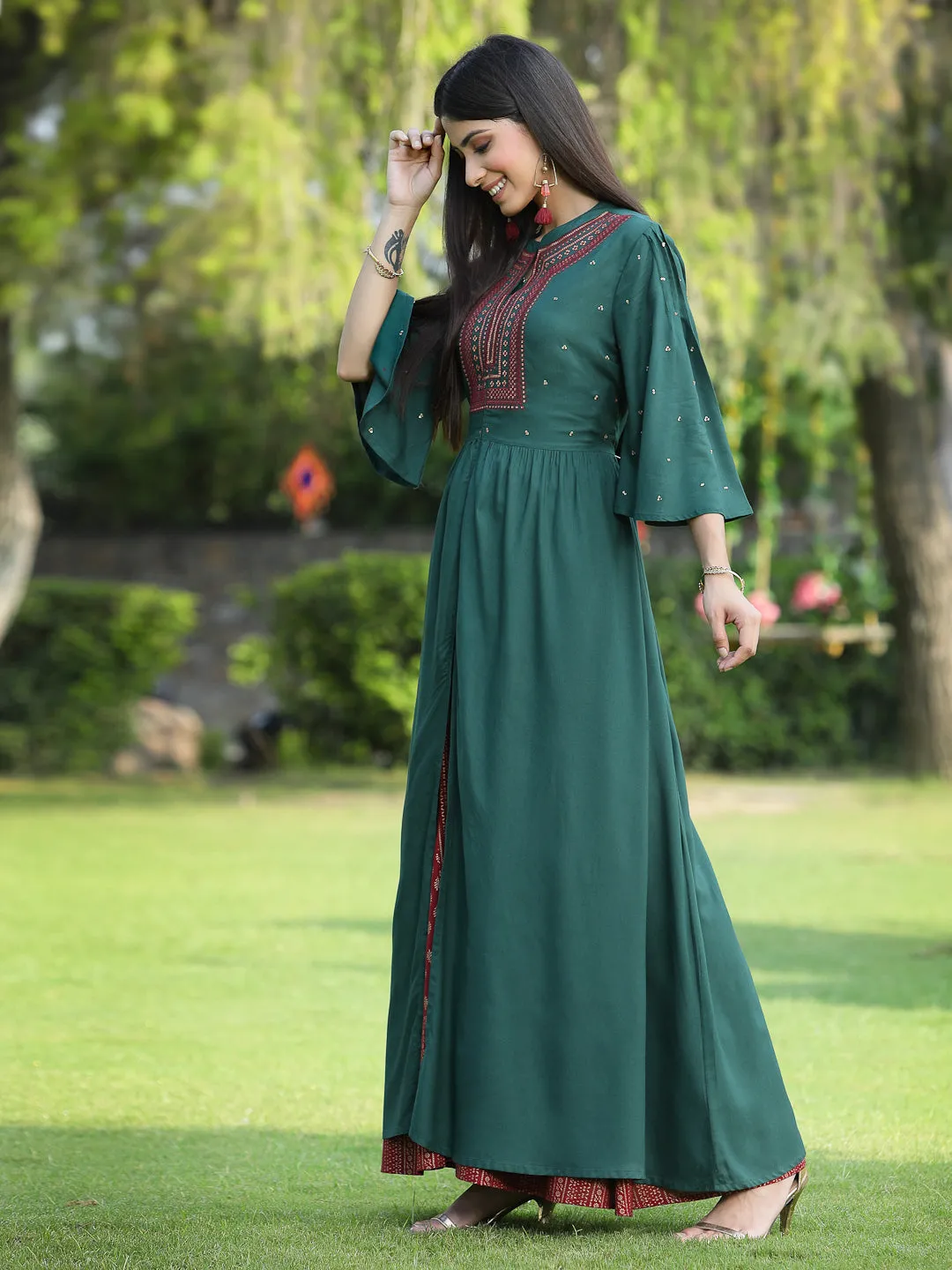 Jade Green Rayon Embroidered High-Slit Kurta & Pants Set