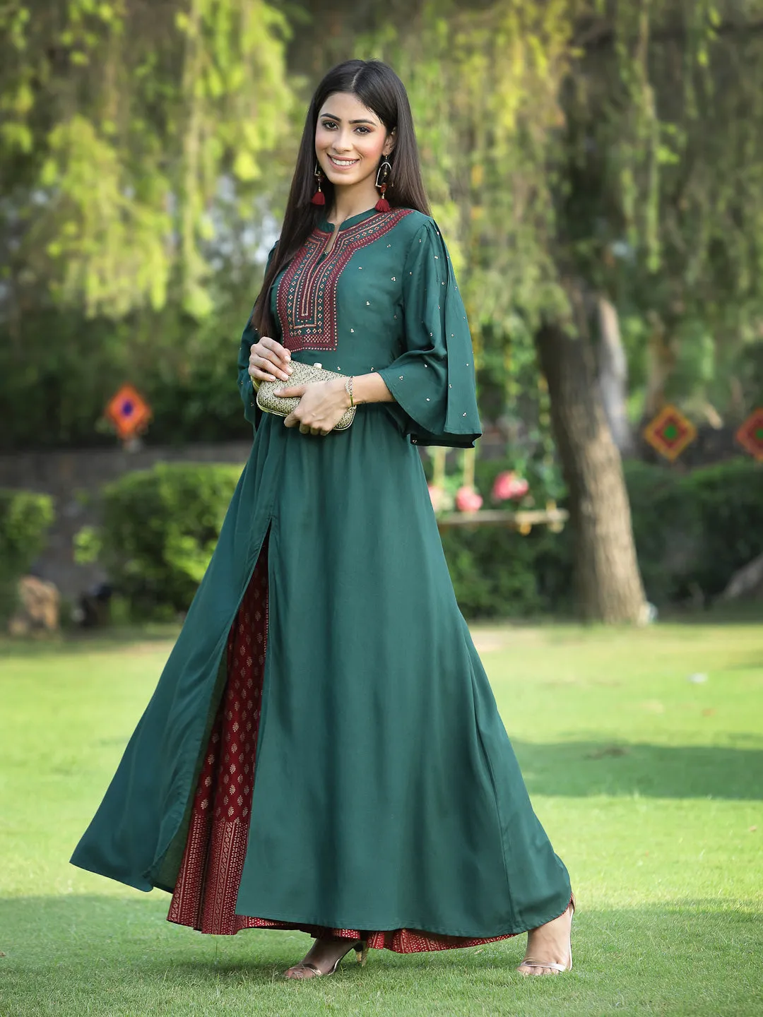 Jade Green Rayon Embroidered High-Slit Kurta & Pants Set