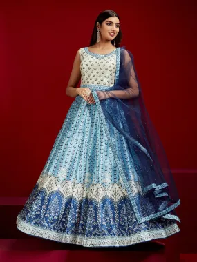 Jashvi Art Blue Printed Silk Gown With Dupatta