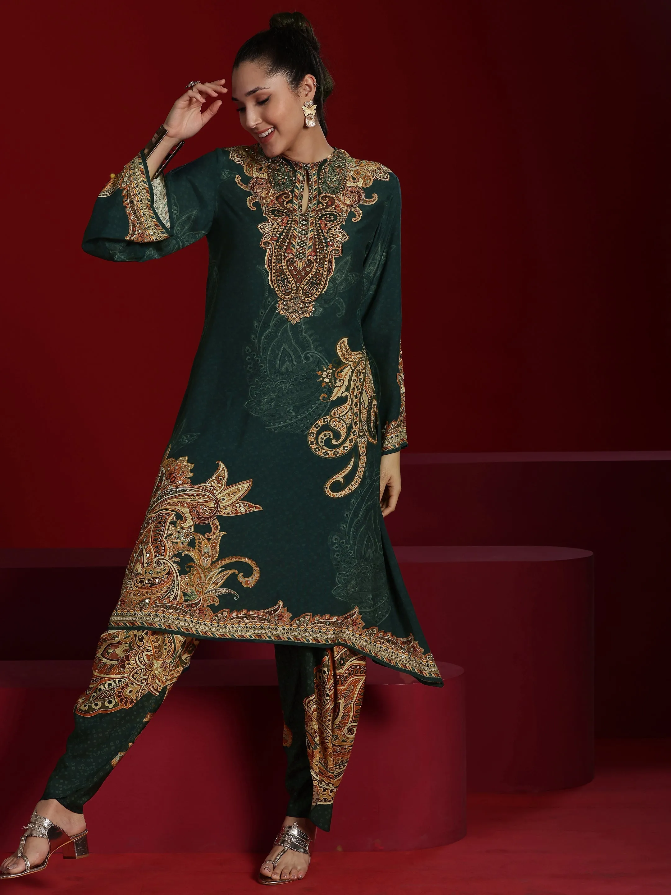 Jashvi Art Green Printed Silk Blend A-line Kurta With Dhoti Pants