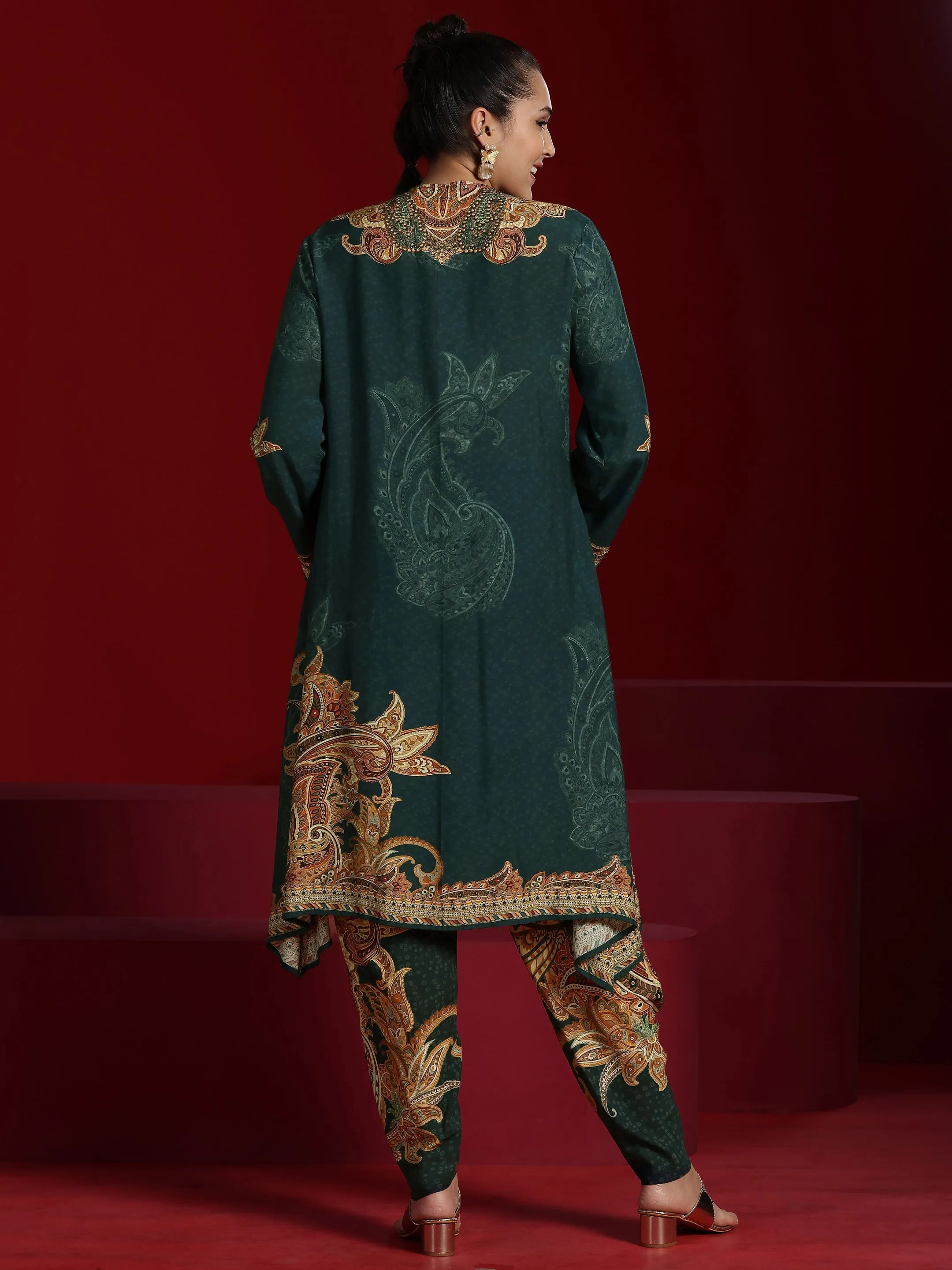 Jashvi Art Green Printed Silk Blend A-line Kurta With Dhoti Pants