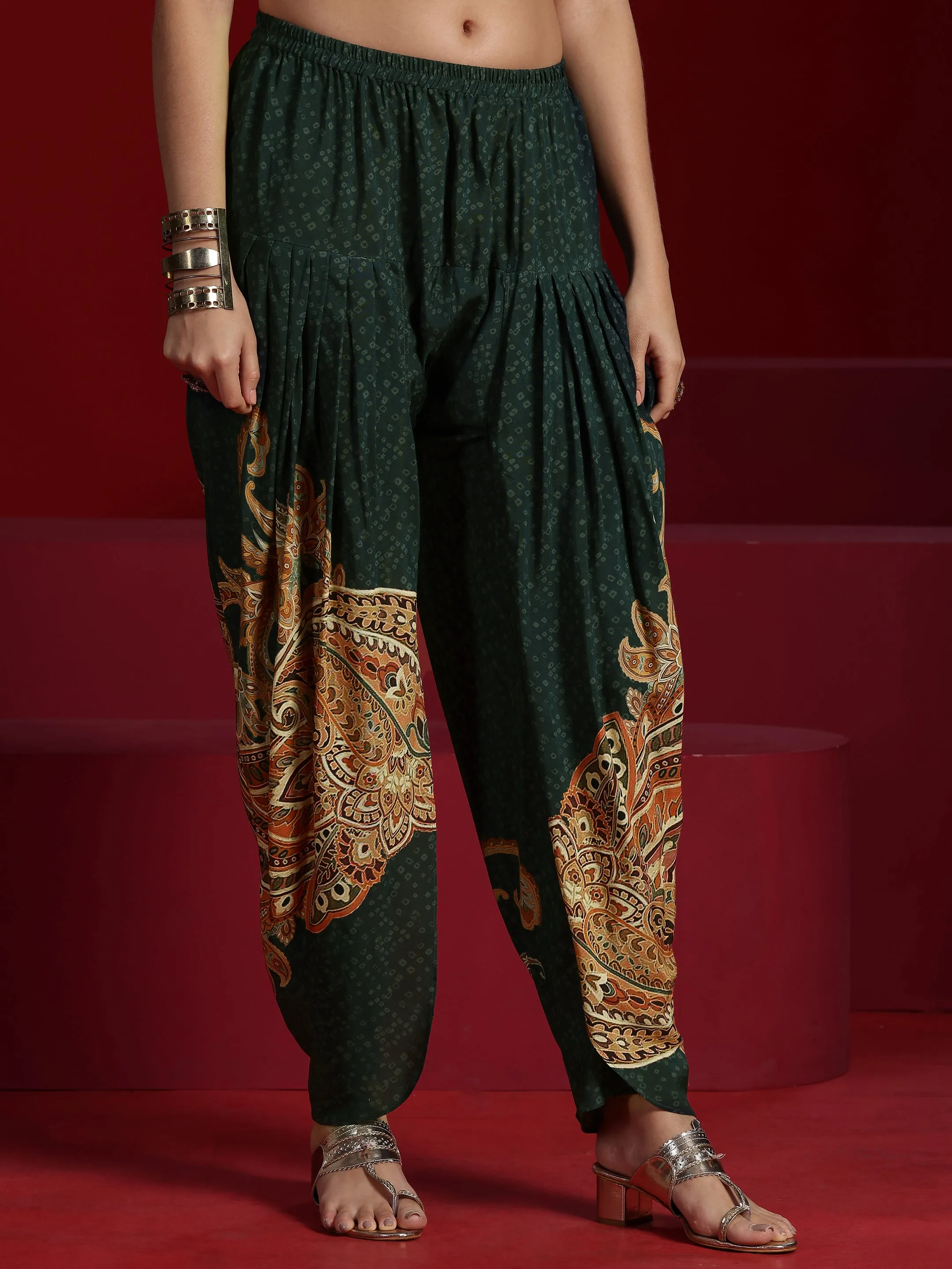 Jashvi Art Green Printed Silk Blend A-line Kurta With Dhoti Pants