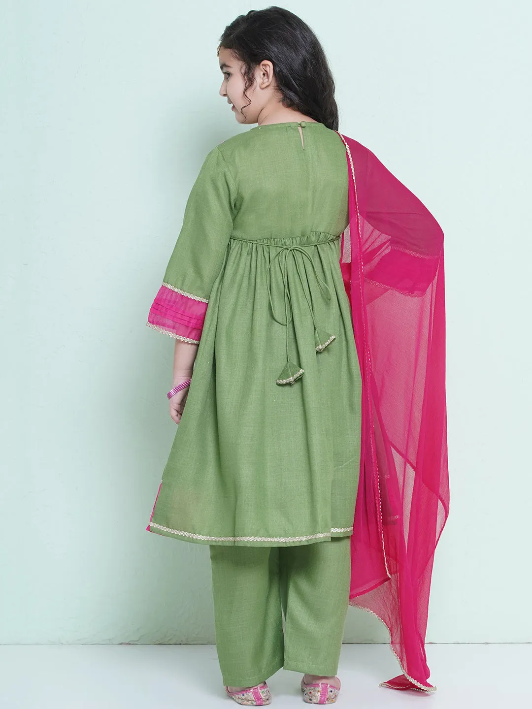 Jashvi Girls Green Embroidered Alia Design Kurta With Trousers With dupatta