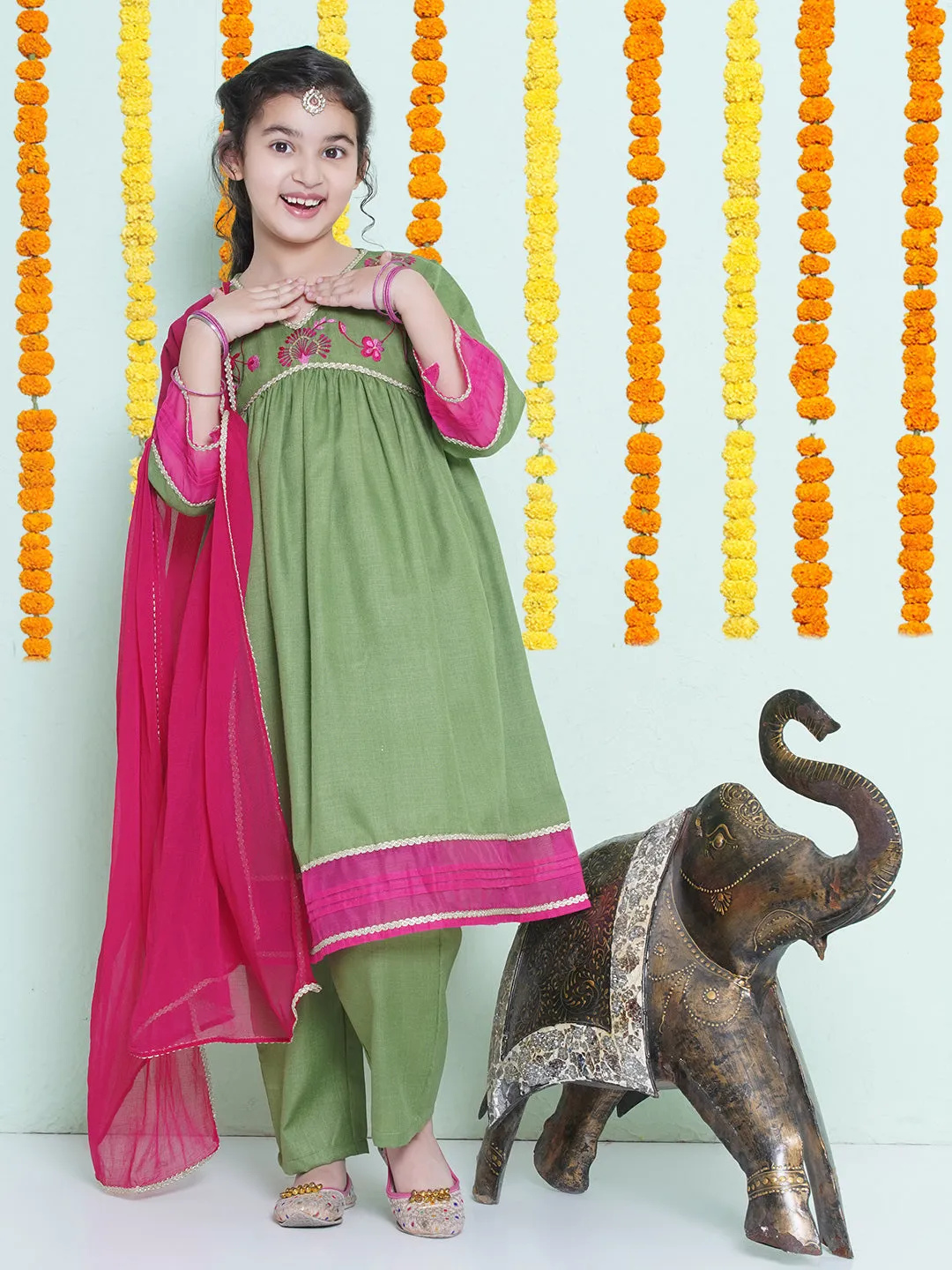 Jashvi Girls Green Embroidered Alia Design Kurta With Trousers With dupatta