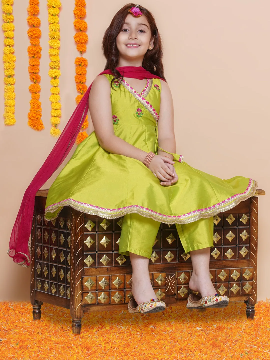 Jashvi Girls Green Embroidered Angrakha Kurta with Trousers set With Dupatta