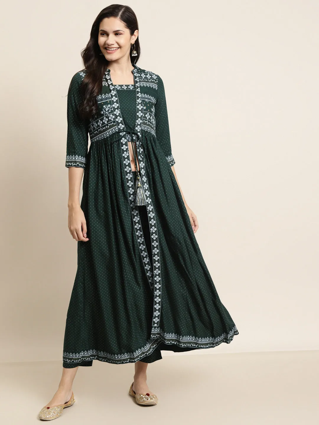 Jashvi Jade Green Ethnic Motif Printed Rayon Jacket Style Kurta & Pants Set.