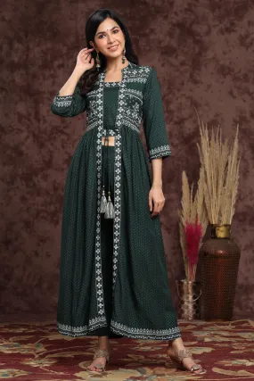 Jashvi Jade Green Ethnic Motif Printed Rayon Jacket Style Kurta & Pants Set.