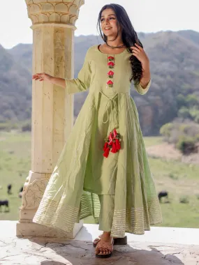 Jashvi Pastel Green Flaired Cotton kurta with pants