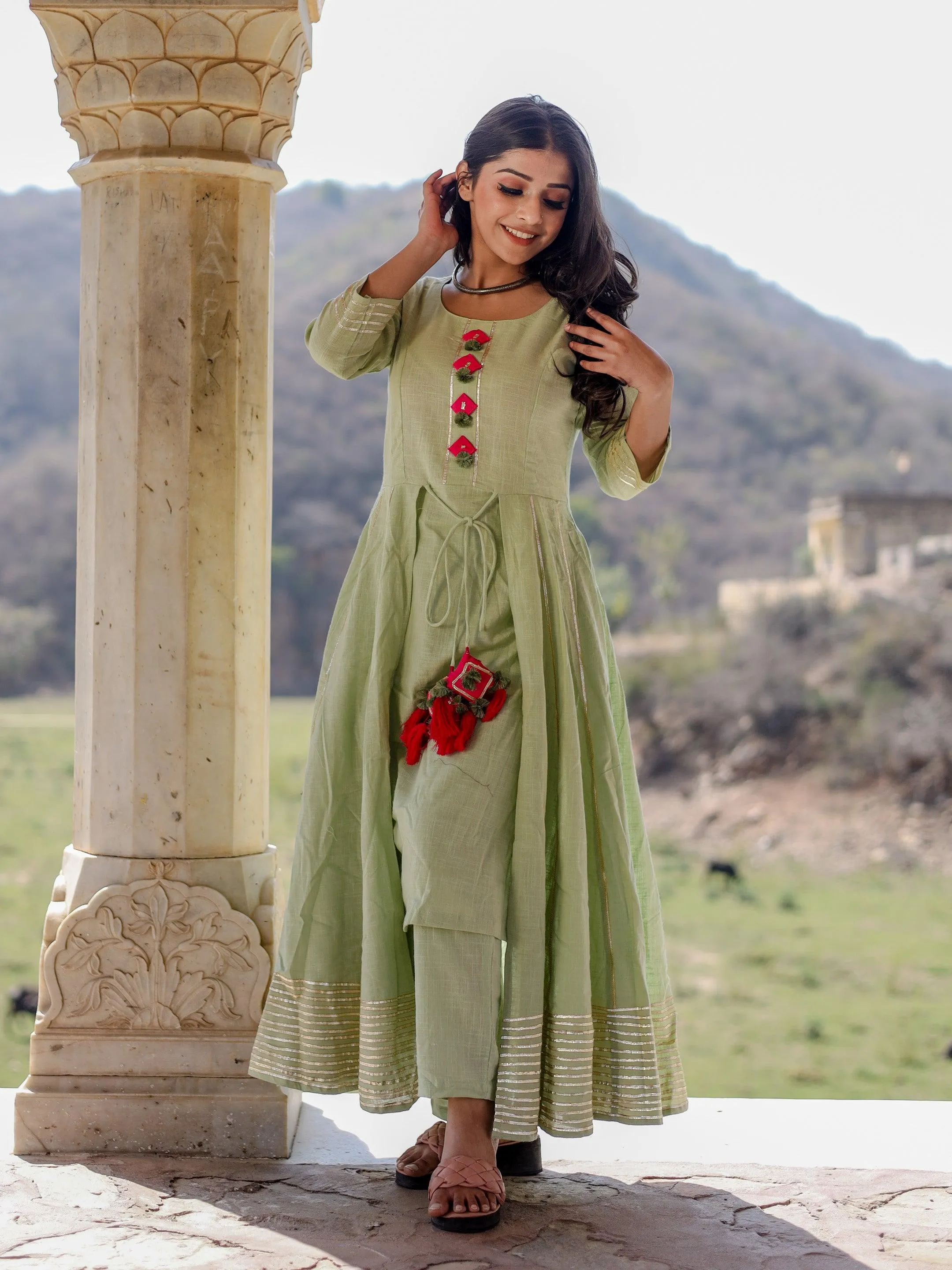 Jashvi Pastel Green Flaired Cotton kurta with pants