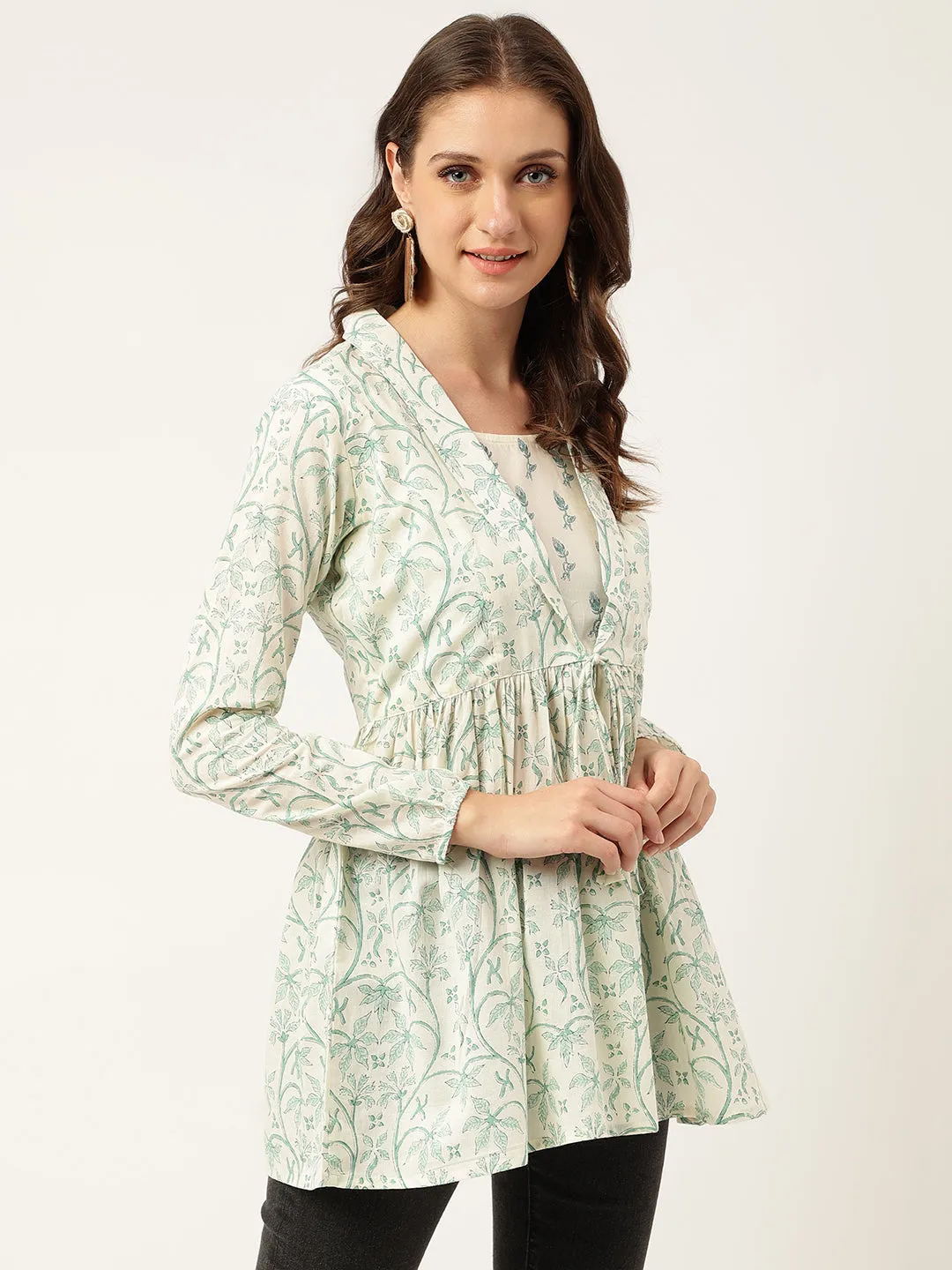 Jashvi Sea Green Floral Printed Empire Cotton Tops