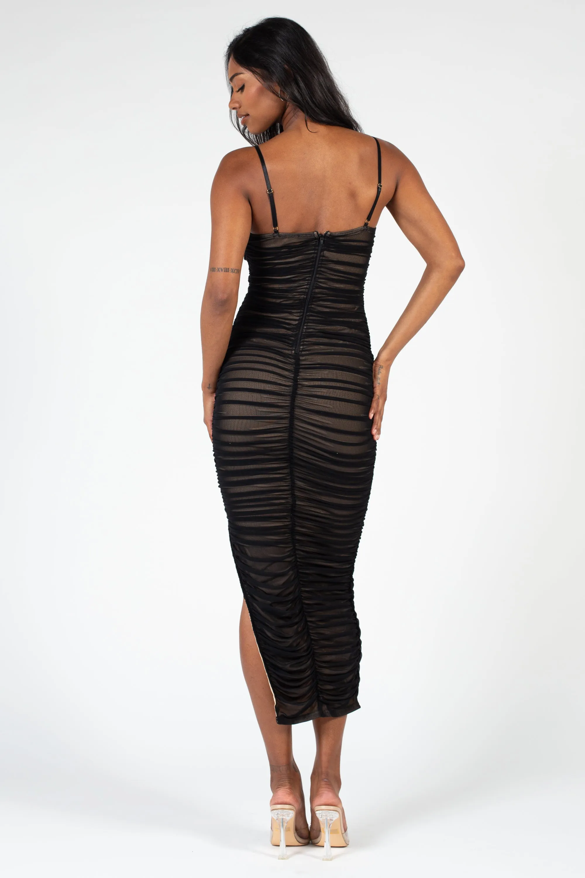 Kaia Ruched Mesh Midi Dress