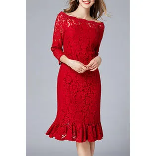 Ketty More Women Off Neck 3/4 Sleeve Mermaid Skirt Lace Dress - KMWPD66752