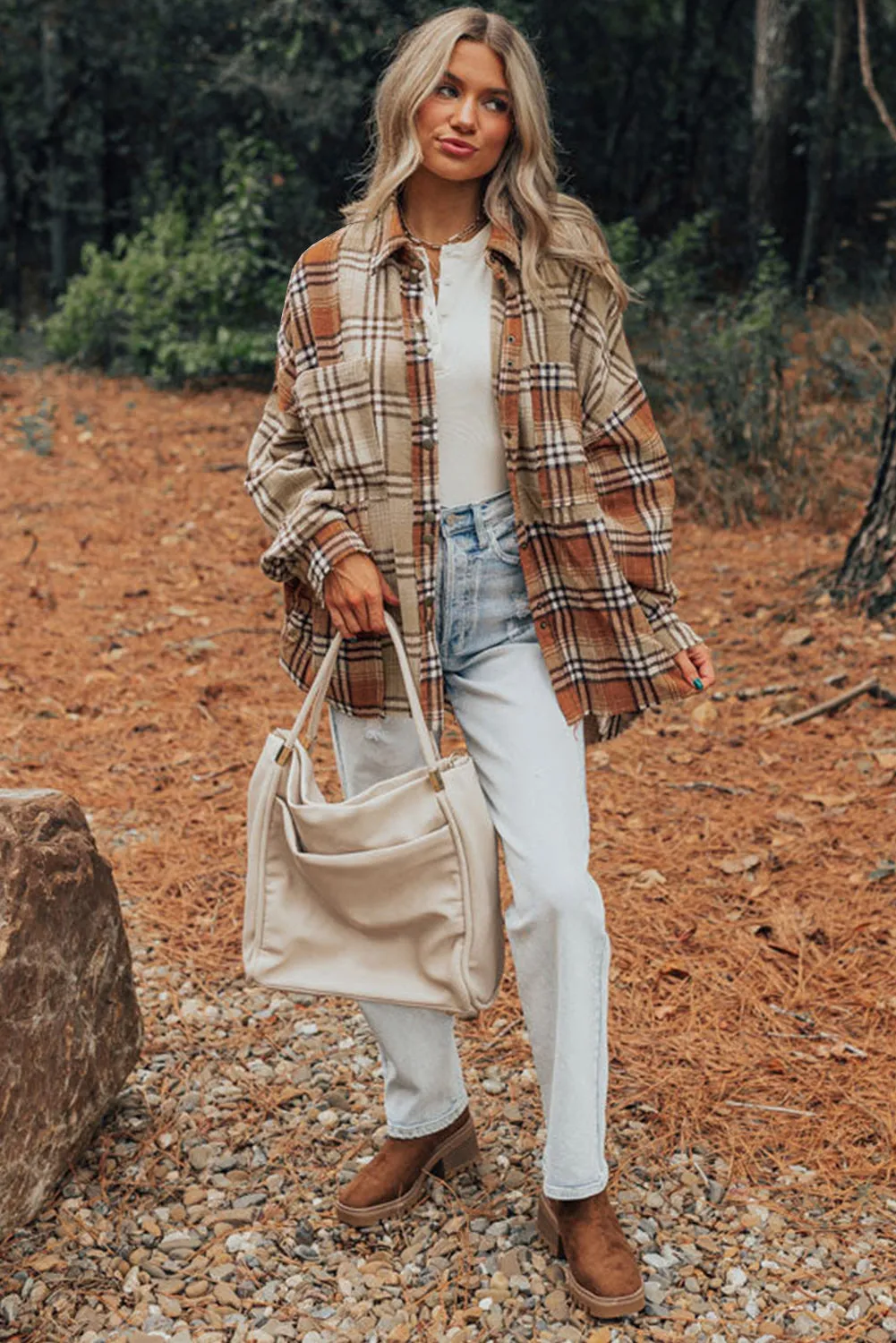 Khaki Plaid Pocket Colorblock High Low Shacket