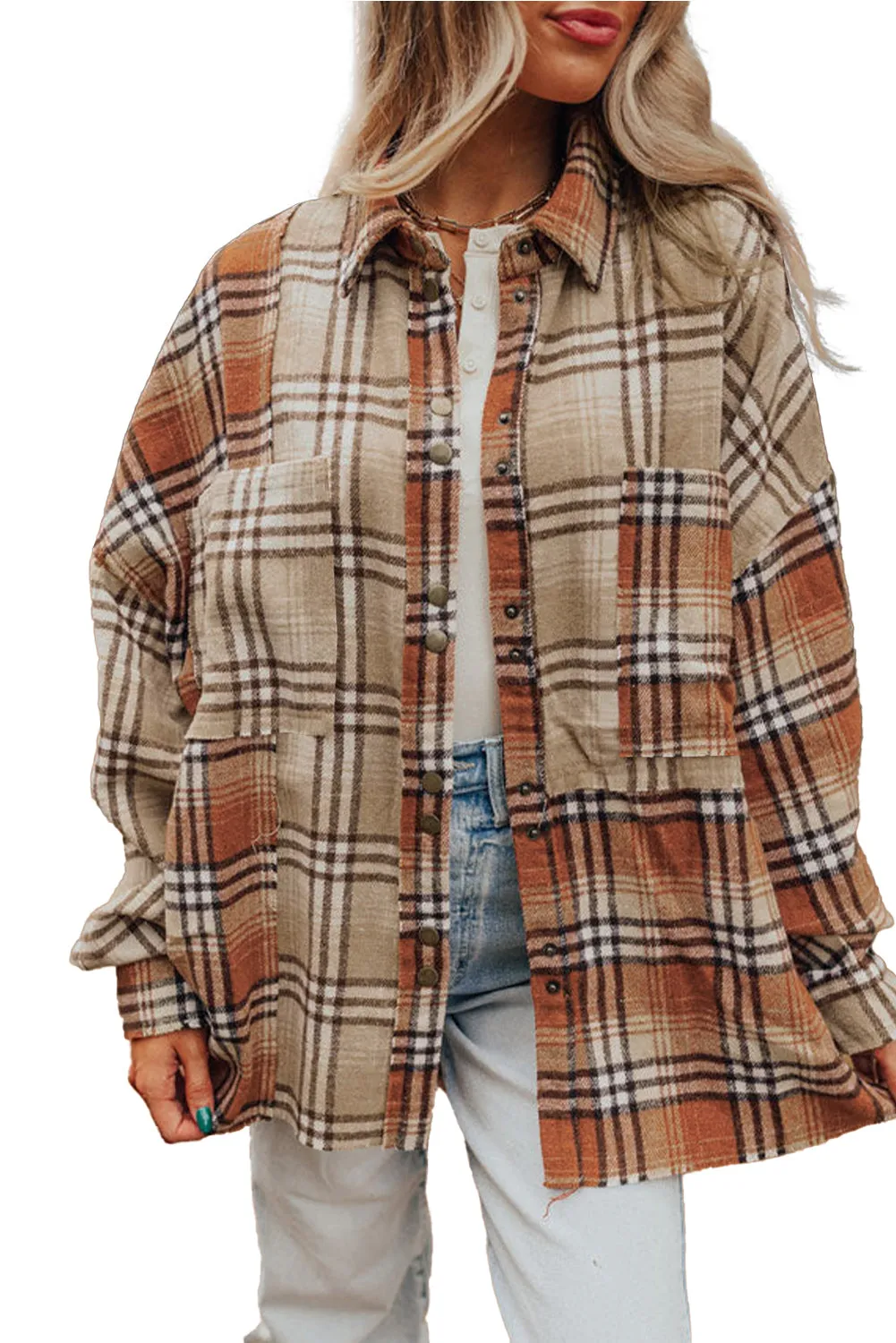 Khaki Plaid Pocket Colorblock High Low Shacket