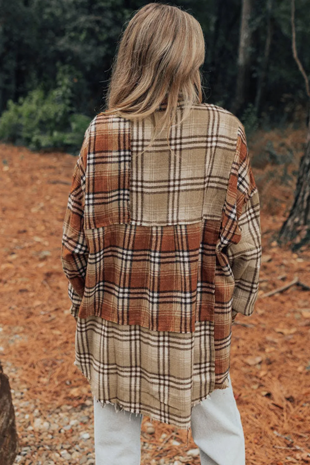 Khaki Plaid Pocket Colorblock High Low Shacket