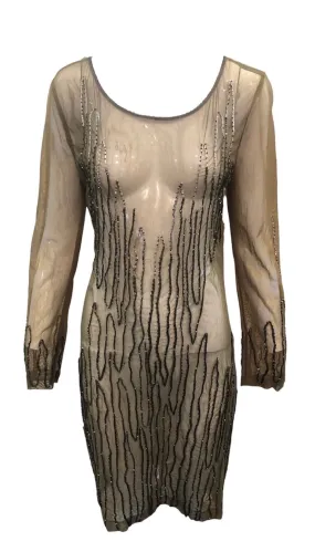 Krizia 2000s Olive  Green Sheer Mesh Beaded Body Con Dress