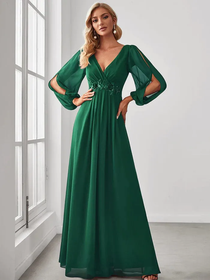 Lantern Long Slit Sleeve Deep V Applique Maxi Evening Dress