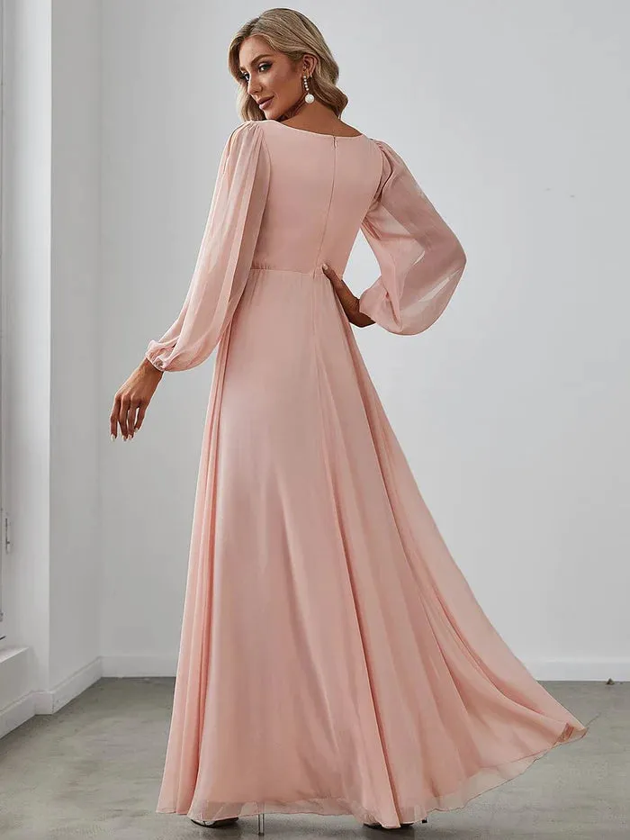 Lantern Long Slit Sleeve Deep V Applique Maxi Evening Dress