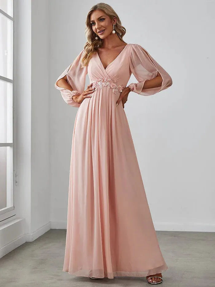 Lantern Long Slit Sleeve Deep V Applique Maxi Evening Dress