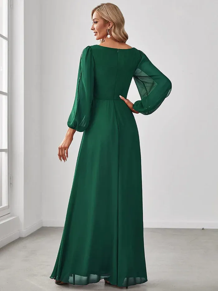 Lantern Long Slit Sleeve Deep V Applique Maxi Evening Dress