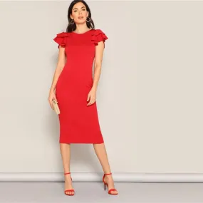 legant Sleeveless Red Layered Ruffle Sleeve Crisscross Back Bodycon Dress