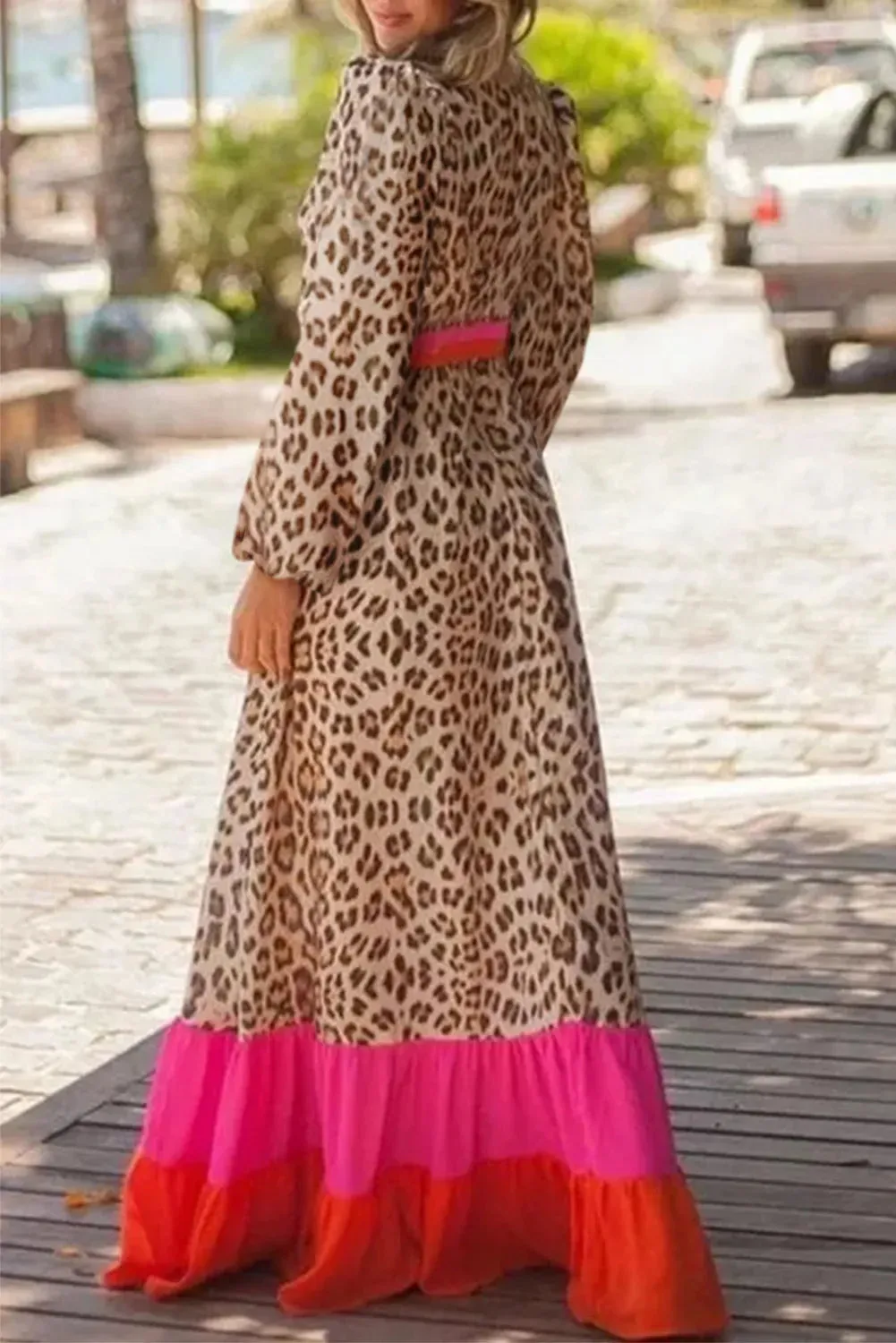 Leopard V-Neck Long Sleeve Maxi Dress