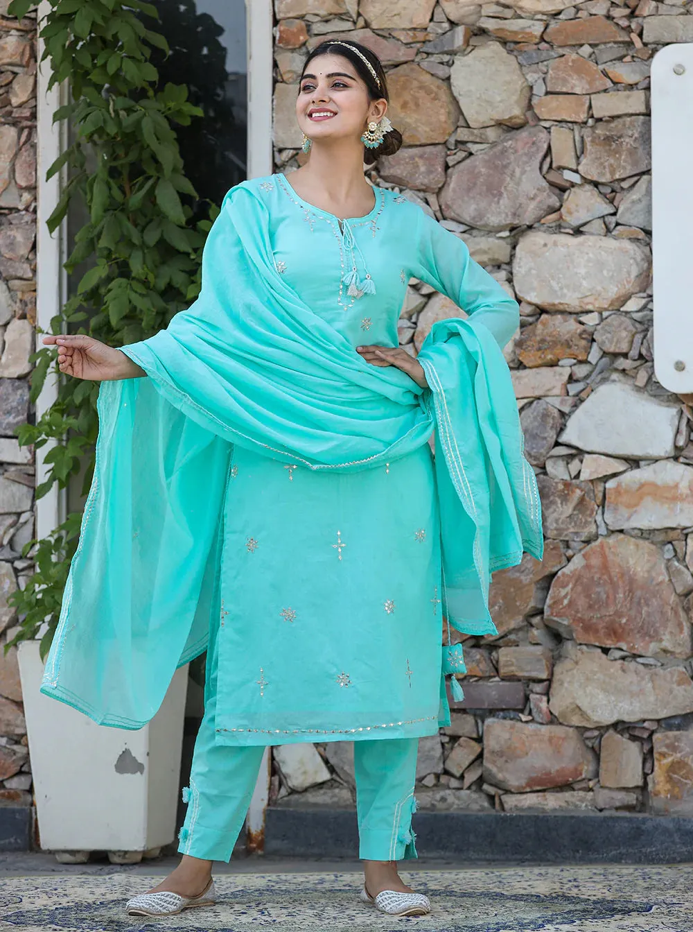 Light Blue Cotton Mirror Embellished & Embroidered Suit Set with Dupatta