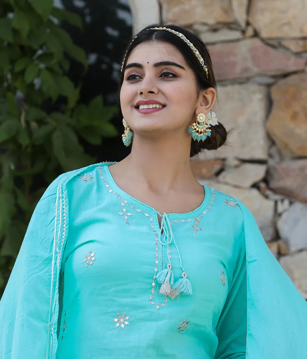 Light Blue Cotton Mirror Embellished & Embroidered Suit Set with Dupatta