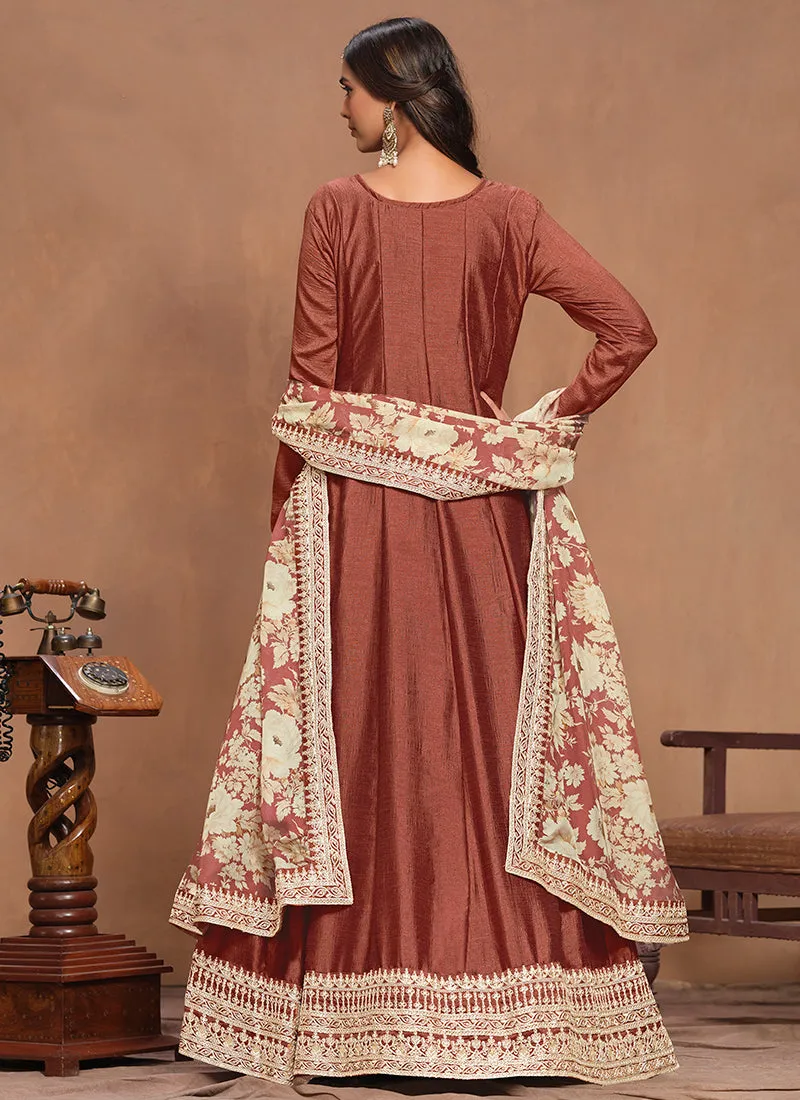 Light Brown Embroidery Silk Anarkali Suit