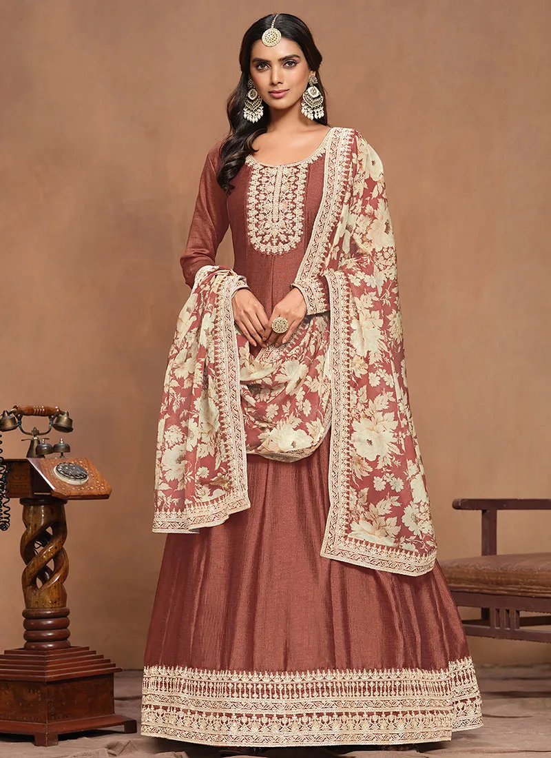 Light Brown Embroidery Silk Anarkali Suit