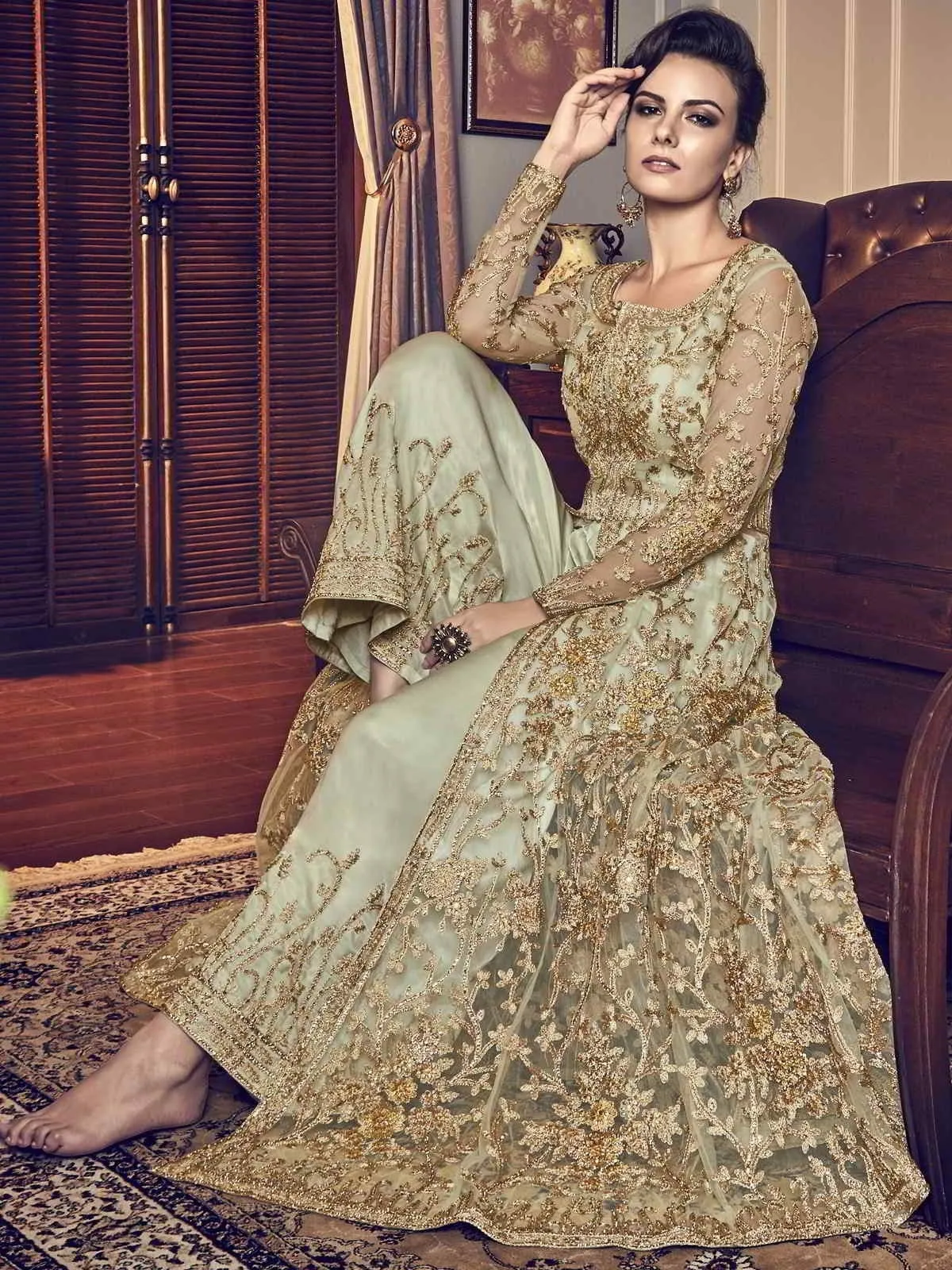 Light Green Embroidered Wedding Anarkali Lehenga/Pant Suit