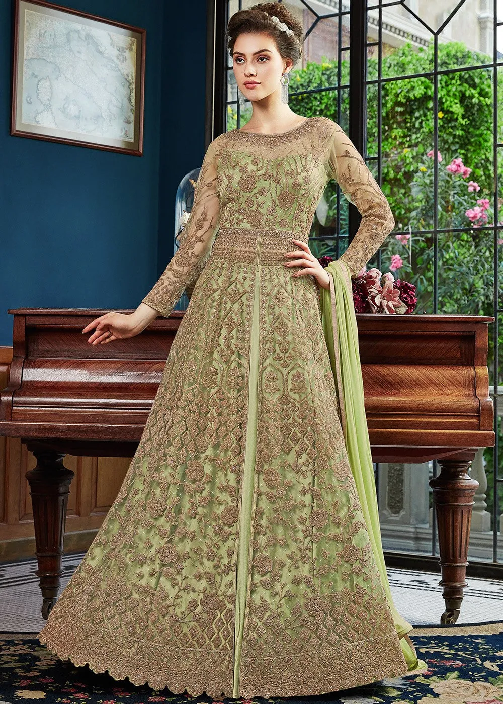 Light Green Zari Embroidered Traditional Anarkali Pant Suit