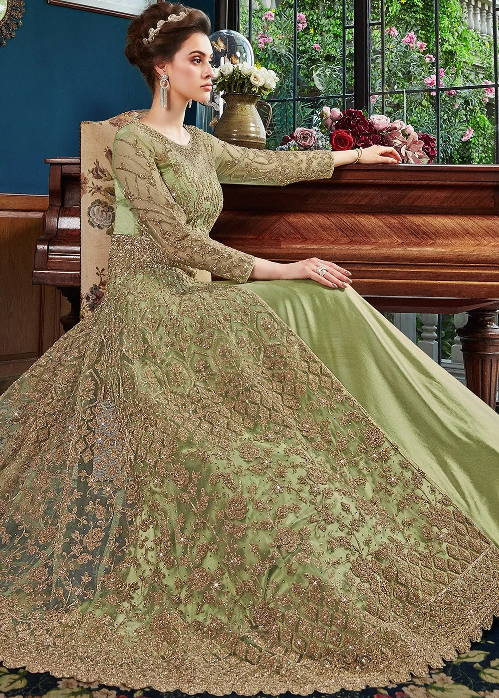 Light Green Zari Embroidered Traditional Anarkali Pant Suit