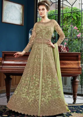 Light Green Zari Embroidered Traditional Anarkali Pant Suit