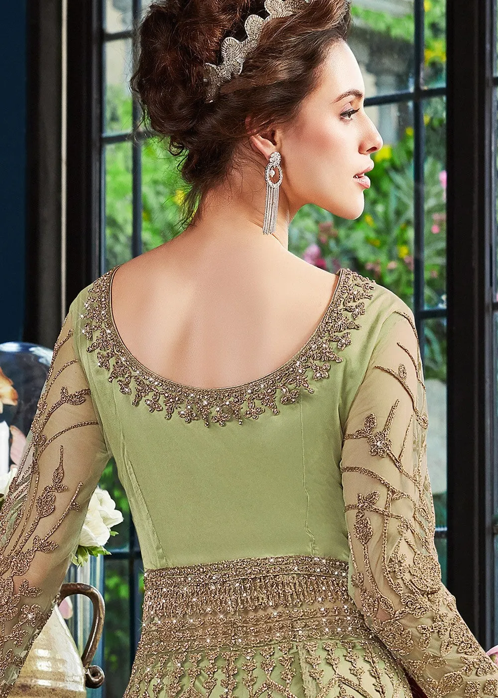 Light Green Zari Embroidered Traditional Anarkali Pant Suit