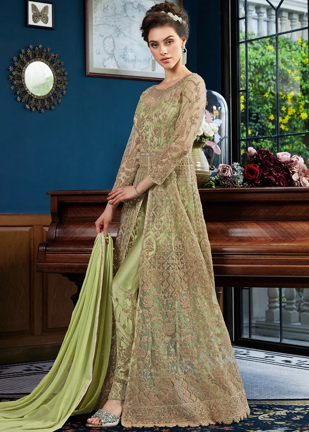 Light Green Zari Embroidered Traditional Anarkali Pant Suit