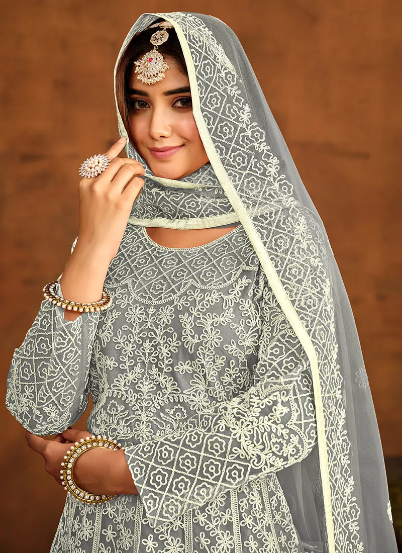 Light Grey Embroidery Traditional Anarkali Gown