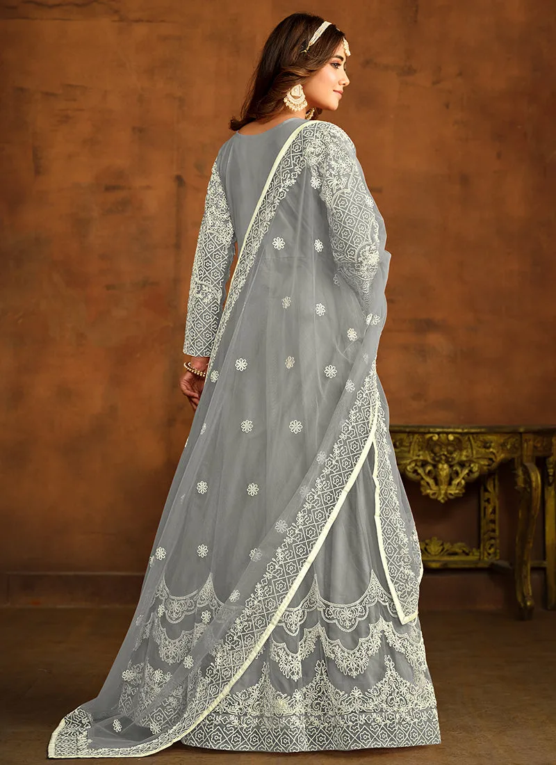 Light Grey Embroidery Traditional Anarkali Gown