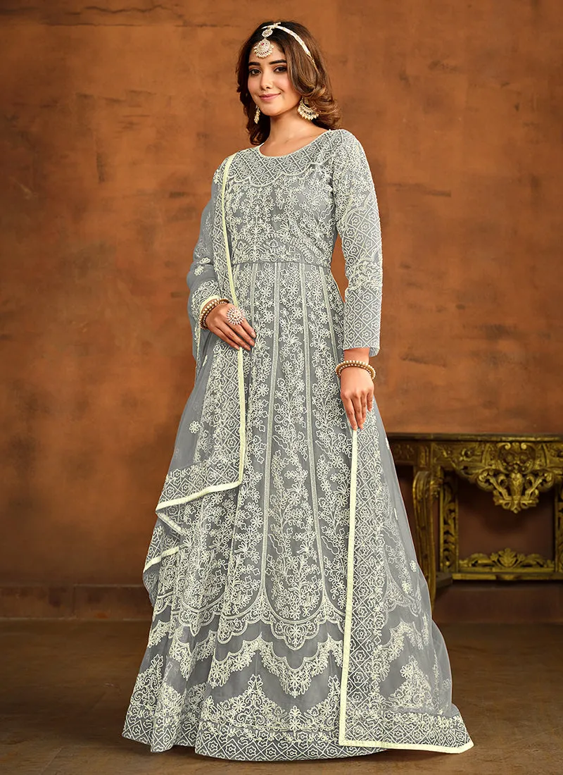 Light Grey Embroidery Traditional Anarkali Gown