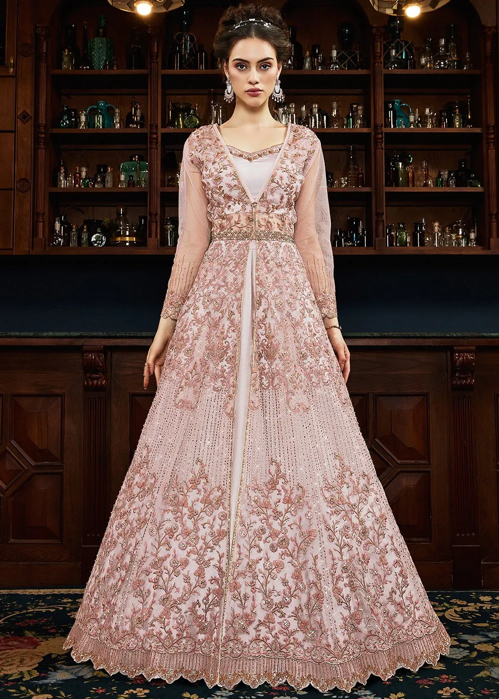 Light Pink Embellished And Embroidered Anarkali Lehenga Suit