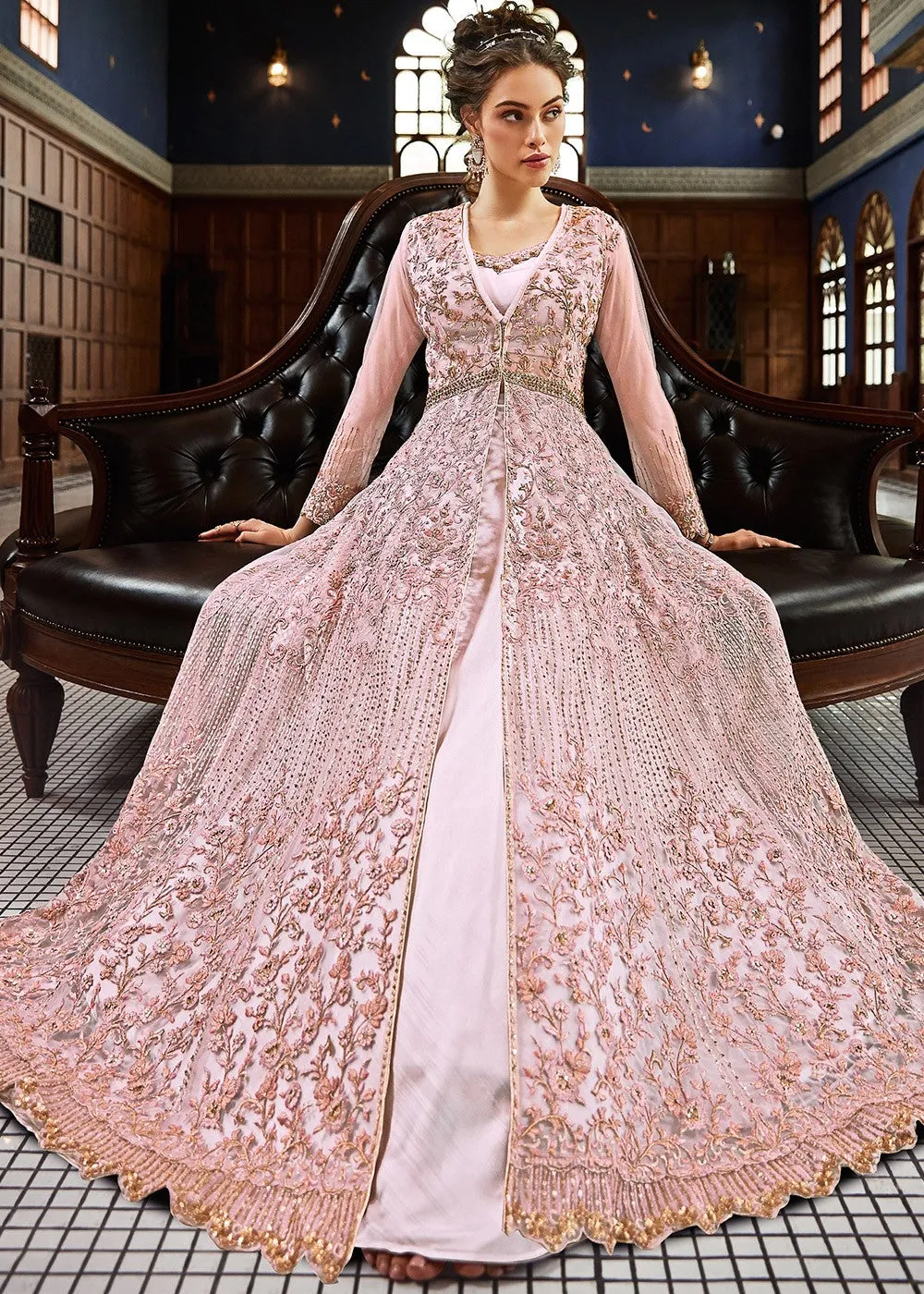 Light Pink Embellished And Embroidered Anarkali Lehenga Suit