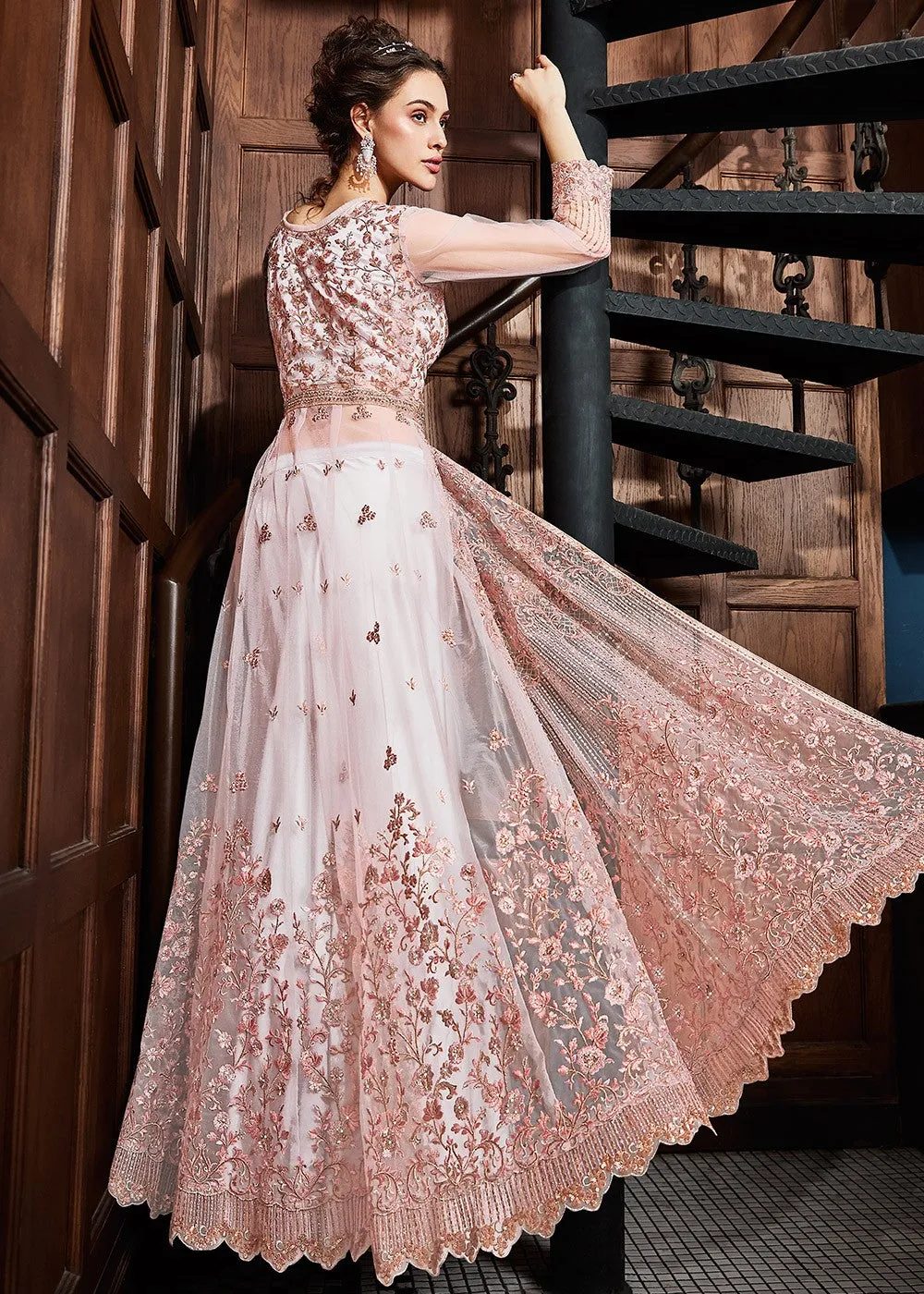 Light Pink Embellished And Embroidered Anarkali Lehenga Suit