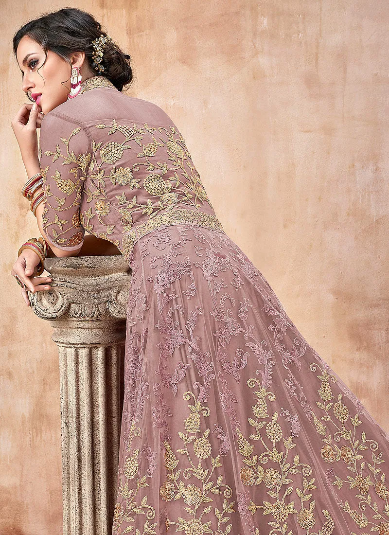 Light Pink Embroidered Flared Anarkali Suit