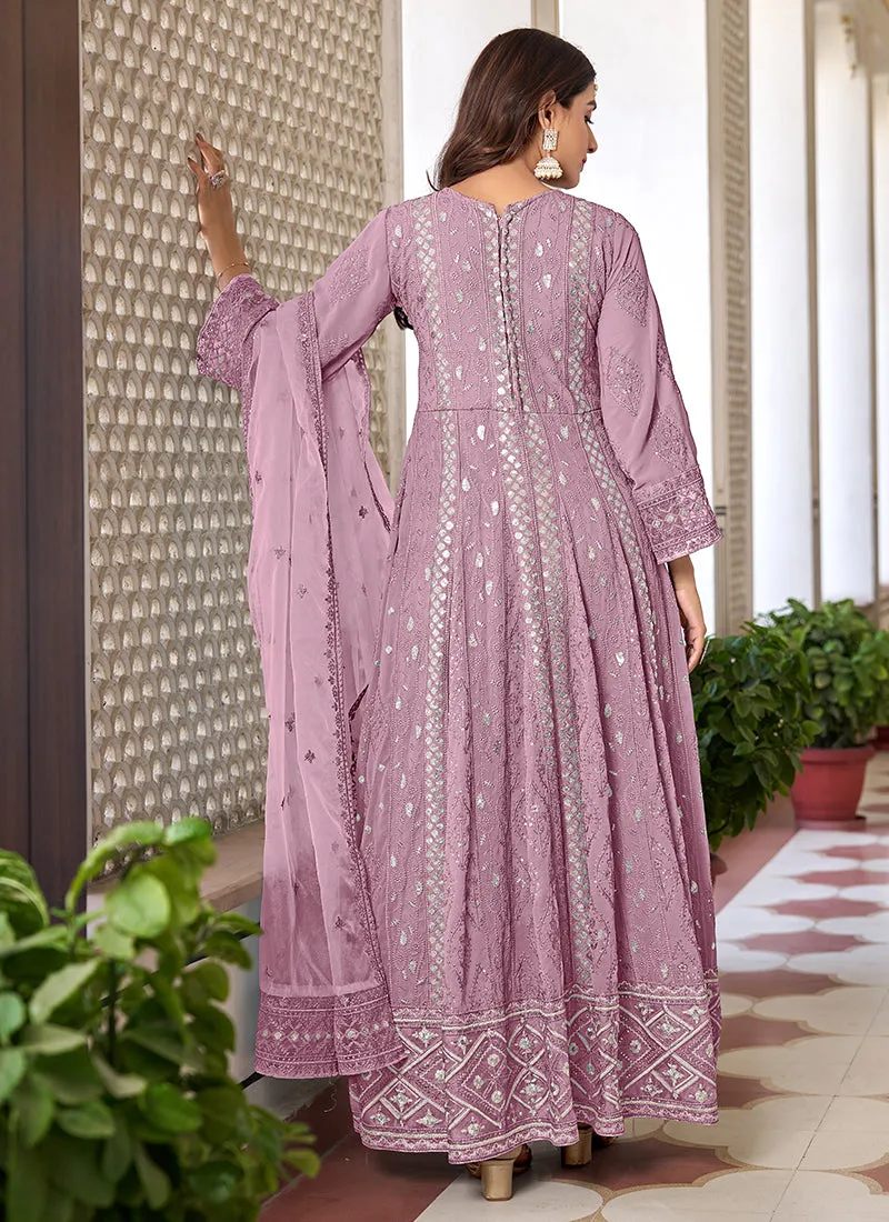 Lilac Purple Sequence Embroidery Slit Style Anarkali Pant Suit