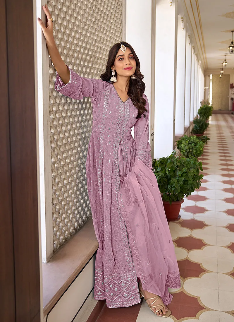 Lilac Purple Sequence Embroidery Slit Style Anarkali Pant Suit