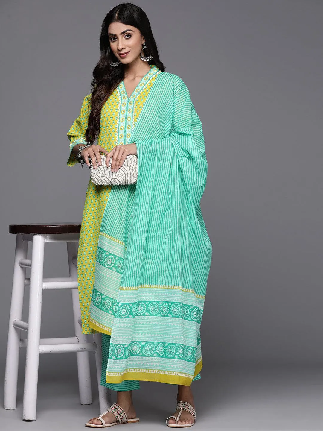 Lime Green Printed Cotton Straight Kurta With Trousers & Dupatta