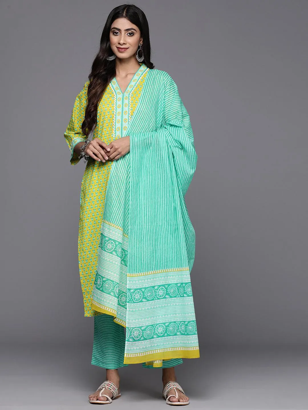 Lime Green Printed Cotton Straight Kurta With Trousers & Dupatta