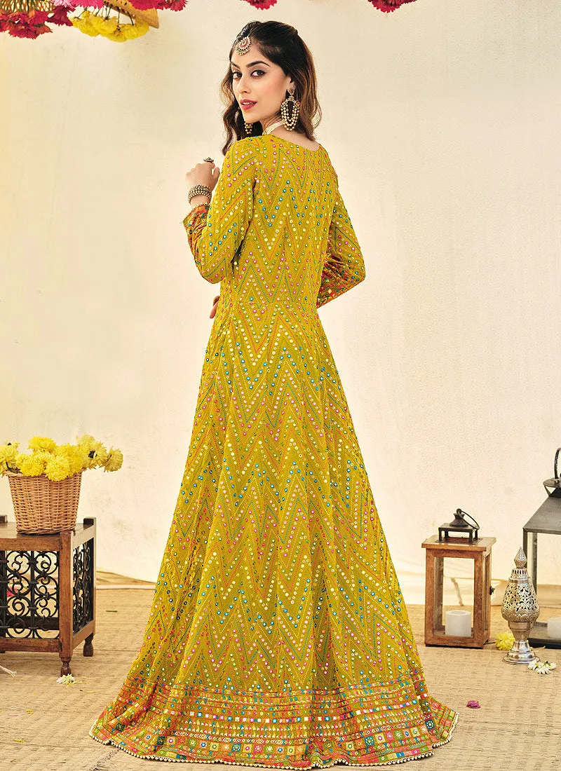 Lime Yellow Embroidered Georgette Indian Anarkali