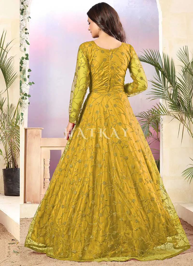 Lime Yellow Sequence Work Net Anarkali Gown