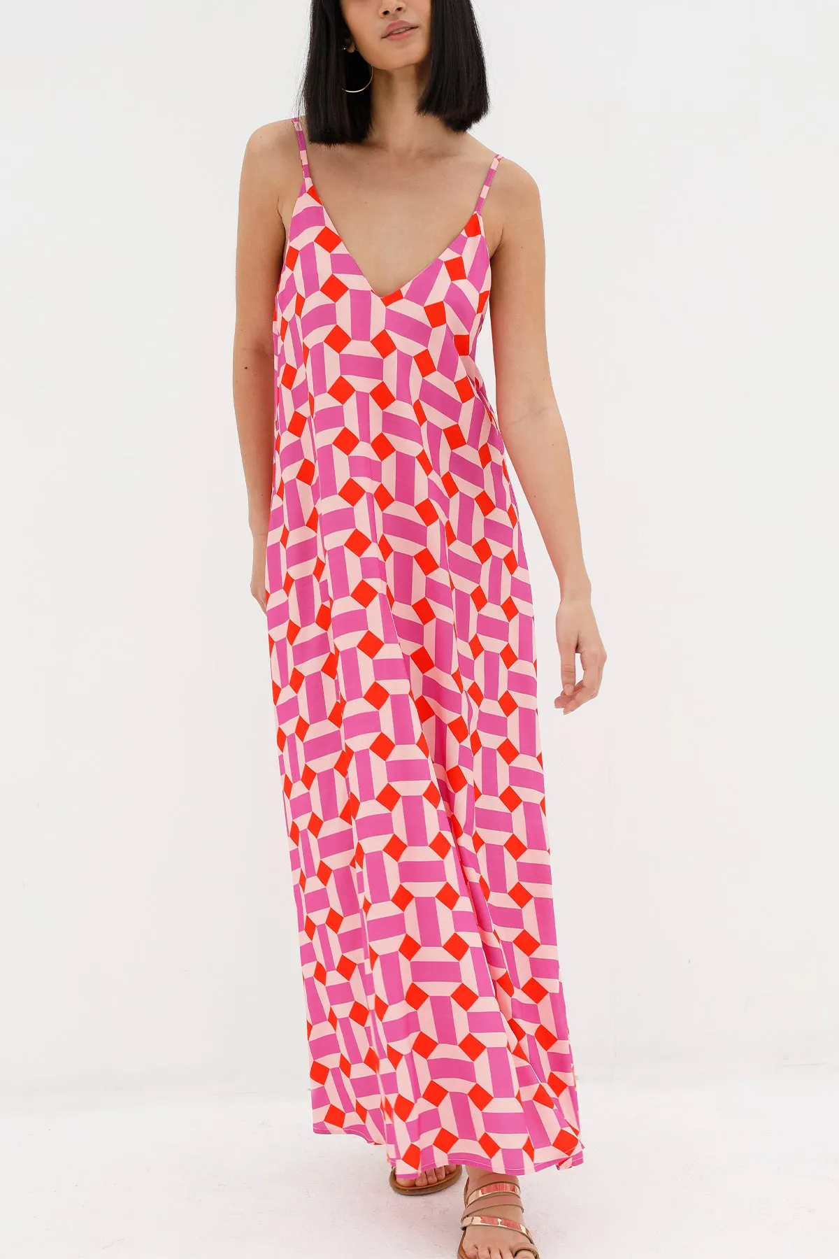 LONG VISCOSE V-NECK DRESS "DIAMONDS" PINK/ORANGE